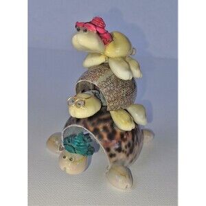 Vintage Sea Shell Stacked Turtles Googly Eyes Bobble Heads Eyeglasses Figurine